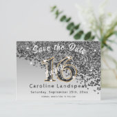 Falling Black Glitter Sweet 16 Party Save The Date (Staand voorkant)