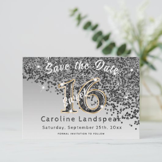 Falling Black Glitter Sweet 16 Party Save The Date (Staand voorkant)