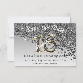 Falling Black Glitter Sweet 16 Party Save The Date