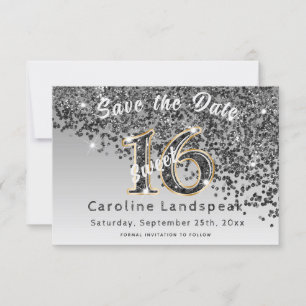 Falling Black Glitter Sweet 16 Party Save The Date