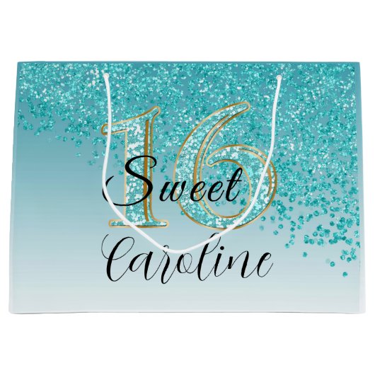 Falling Blauwgroen Blue Glitter Sweet 16 Birthday Groot Cadeauzakje (Voorkant)