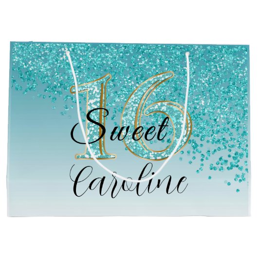 Falling Blauwgroen Blue Glitter Sweet 16 Birthday Groot Cadeauzakje (Achterkant)