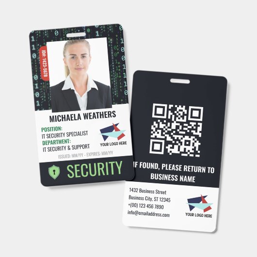 Falling Code Cyber Security Shield Employee ID Badge (Voor- en achterkant)