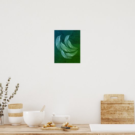 Falling Colorful Feathers Green Poster (Keuken)