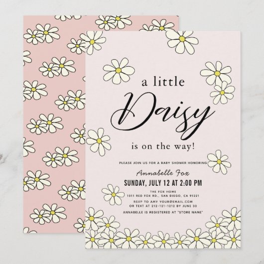 Falling Daisies Floral Pink Baby shower Uitnodigin Kaart (Voorkant / Achterkant)
