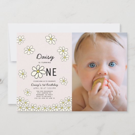 Falling Daisies Floral Pink Foto 1e verjaardag Kaart (Voorkant)