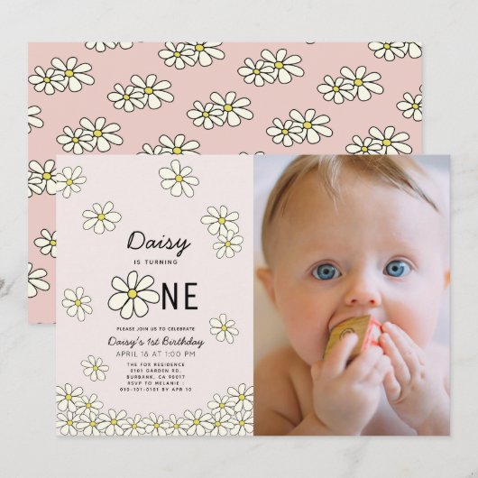 Falling Daisies Floral Pink Foto 1e verjaardag Kaart (Voorkant / Achterkant)
