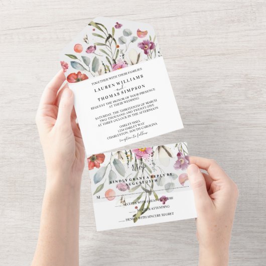 Falling Flowers Wedding All In One Uitnodiging (Afscheurbaar)