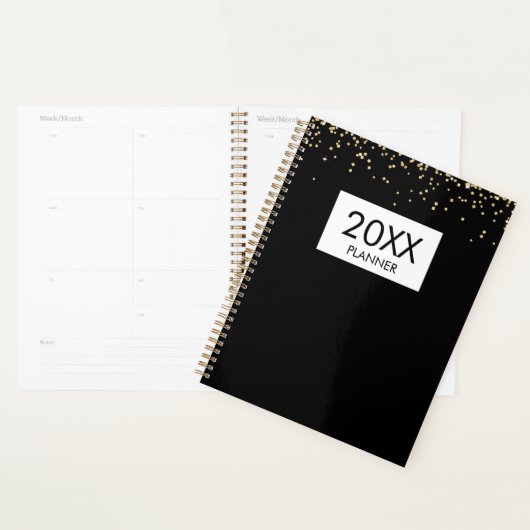 Falling Gold Glitter Personalized Black Yearly Planner (Display)