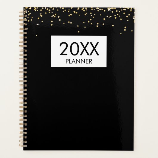 Falling Gold Glitter Personalized Black Yearly Planner (Voorkant)