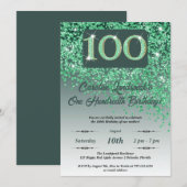Falling Green Glitter 100e verjaardagsfeestje Kaart (Voorkant / Achterkant)