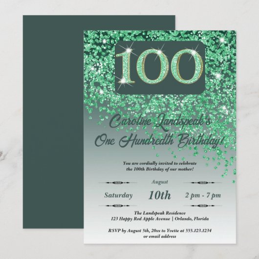 Falling Green Glitter 100e verjaardagsfeestje Kaart (Voorkant / Achterkant)