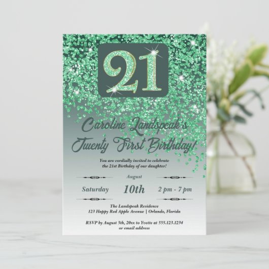 Falling Green Glitter 21e verjaardagsfeestje Kaart (Staand voorkant)