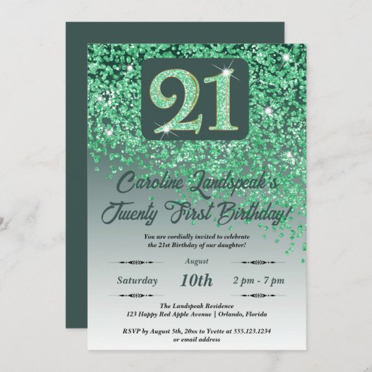 Falling Green Glitter 21e verjaardagsfeestje Kaart (Voorkant / Achterkant)