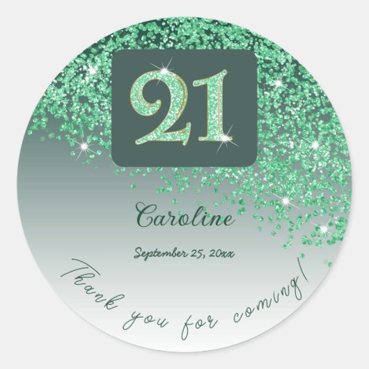 Falling Green Glitter, 21ste verjaardag Bedankt Ronde Sticker (Voorkant)