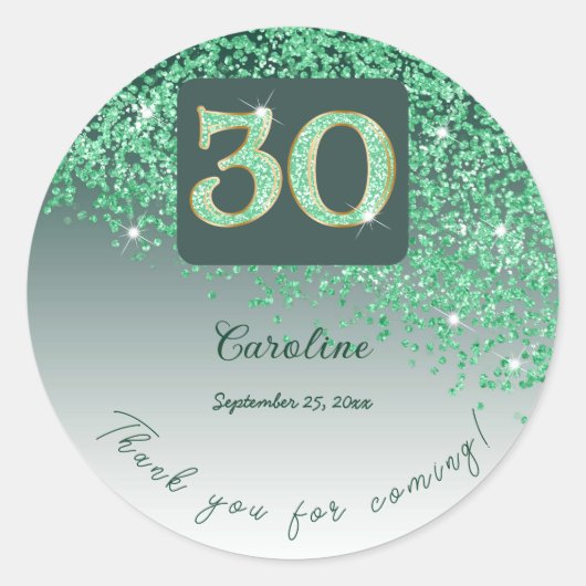 Falling Green Glitter, 30e verjaardag Bedankt Ronde Sticker (Voorkant)