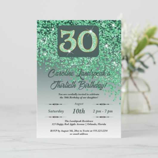 Falling Green Glitter 30e verjaardagsfeestje Kaart (Staand voorkant)