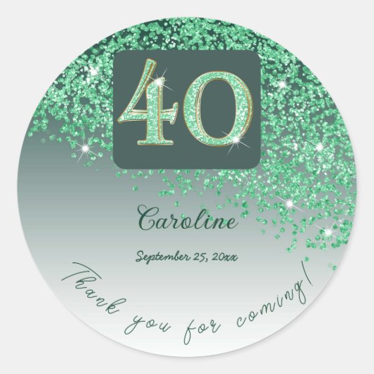 Falling Green Glitter, 40ste verjaardag Bedankt Ronde Sticker (Voorkant)