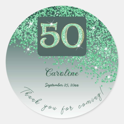 Falling Green Glitter, 50ste verjaardag Bedankt Ronde Sticker (Voorkant)