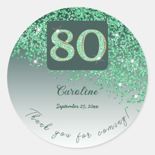 Falling Green Glitter, 80ste verjaardag Bedankt Ronde Sticker (Voorkant)