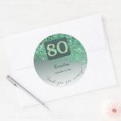 Falling Green Glitter, 80ste verjaardag Bedankt Ronde Sticker (Envelop)