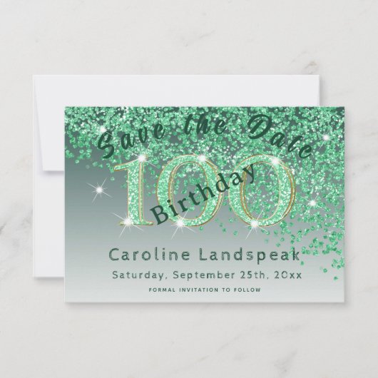Falling Green Glitter voor 100e verjaardag Save The Date (Voorkant)