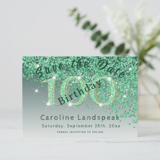 Falling Green Glitter voor 100e verjaardag Save The Date (Staand voorkant)