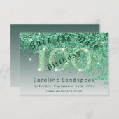 Falling Green Glitter voor 100e verjaardag Save The Date (Voorkant / Achterkant)