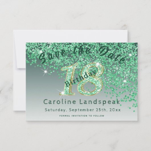 Falling Green Glitter voor 18e verjaardag Save The Date (Voorkant)