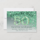 Falling Green Glitter voor 50e verjaardag Save The Date (Voorkant)