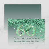 Falling Green Glitter voor 60e verjaardag Save The Date (Voorkant / Achterkant)