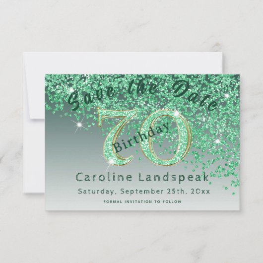 Falling Green Glitter voor 70e verjaardag Save The Date (Voorkant)