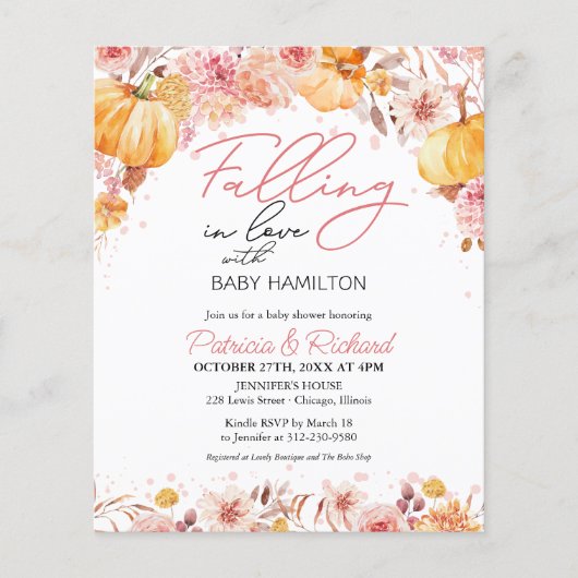 Falling In Love Budget Herfst Baby shower Invitati (Voorkant)