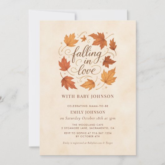Falling In Love Fall Leaves Baby Shower Invitation Kaart (Voorkant)