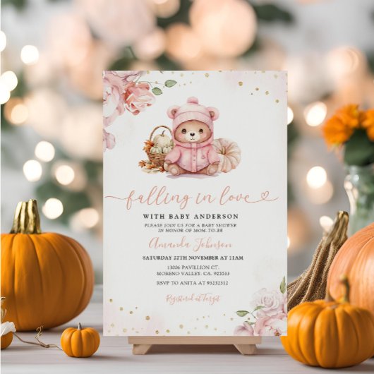 Falling in Love Pink Pumpkin Beer Baby shower Kaart