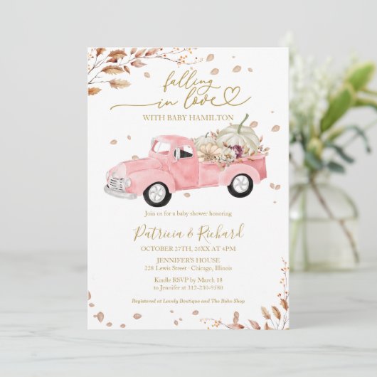 Falling in Love Pink Truck Girl Baby shower Kaart (Staand voorkant)