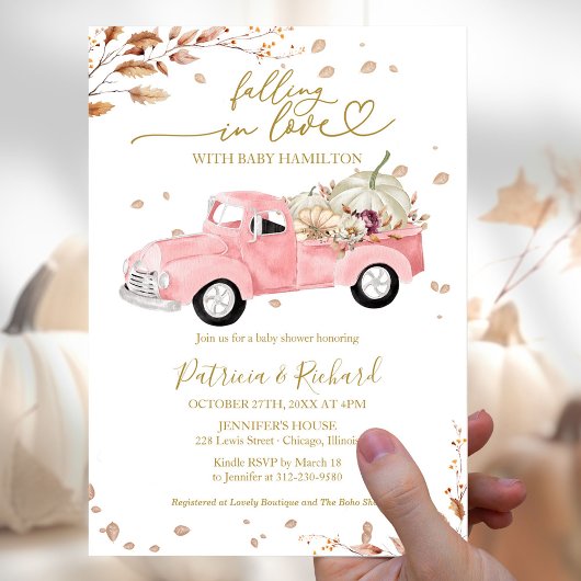 Falling in Love Pink Truck Girl Baby shower Kaart