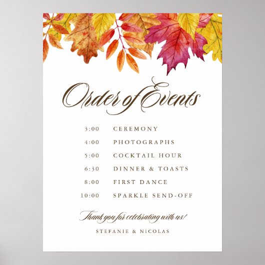 Falling Leaves Order of Events Wedding Timeline Poster (Voorkant)