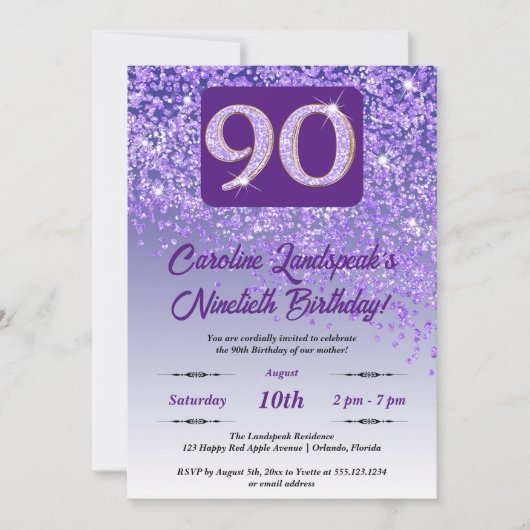 Falling Paarse Glitter 90ste Verjaardagsfeest Kaart (Voorkant)