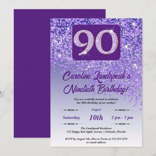 Falling Paarse Glitter 90ste Verjaardagsfeest Kaart (Voorkant / Achterkant)