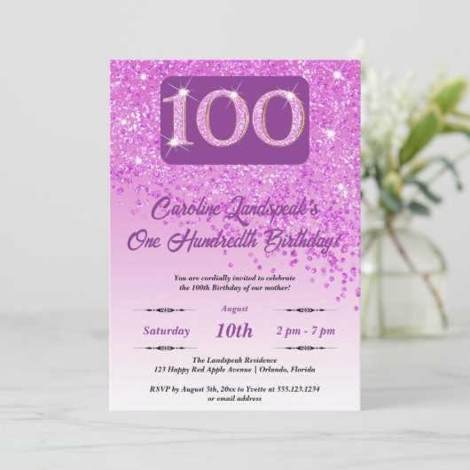 Falling Pink Glitter 100ste verjaardag Kaart (Staand voorkant)