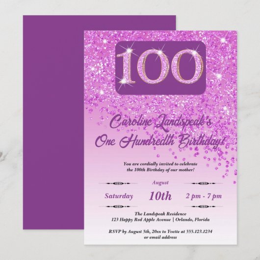 Falling Pink Glitter 100ste verjaardag Kaart (Voorkant / Achterkant)