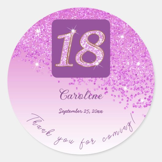 Falling Pink Glitter, 18e verjaardag Bedankt Ronde Sticker (Voorkant)