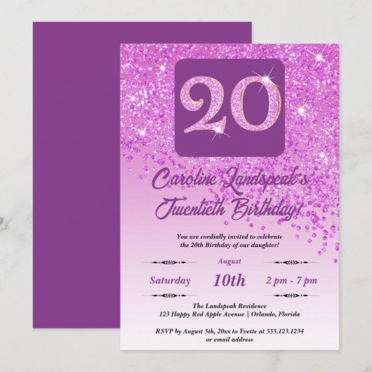 Falling Pink Glitter 20e verjaardagsfeestje Kaart (Voorkant / Achterkant)