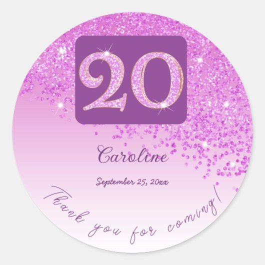Falling Pink Glitter, 20ste verjaardag Bedankt Ronde Sticker (Voorkant)
