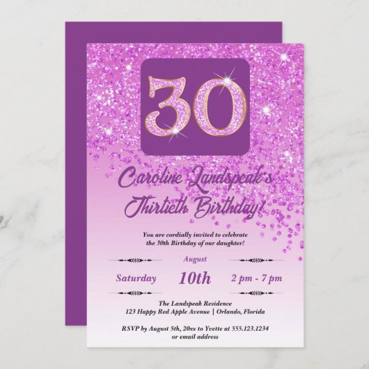 Falling Pink Glitter 30e verjaardagsfeestje Kaart (Voorkant / Achterkant)
