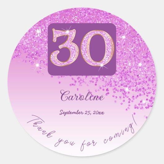 Falling Pink Glitter, 30ste verjaardag Bedankt Ronde Sticker (Voorkant)