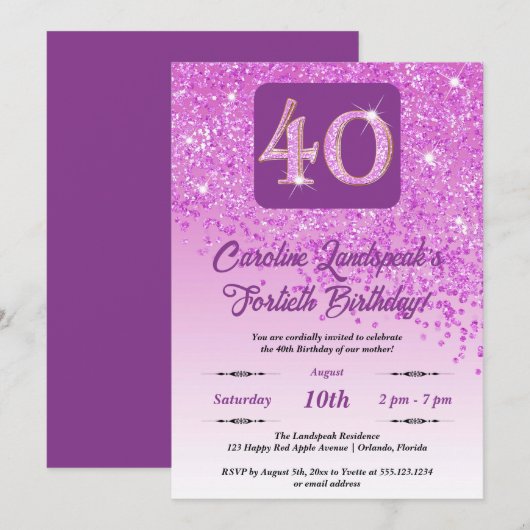 Falling Pink Glitter 40e verjaardagsfeestje Kaart (Voorkant / Achterkant)