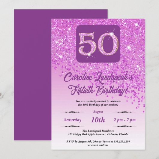 Falling Pink Glitter 50ste verjaardagsfeestje Kaart (Voorkant / Achterkant)