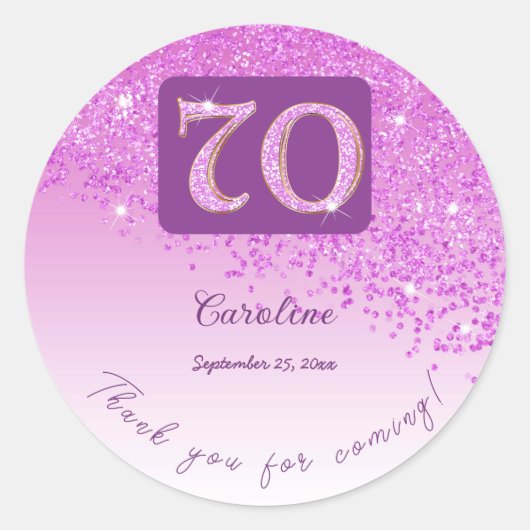 Falling Pink Glitter, 70ste verjaardag Bedankt Ronde Sticker (Voorkant)